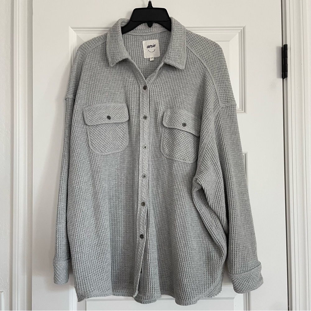 aerie lumberjane Light Gray Waffle thermal Knit Long Sleeve Button up top
